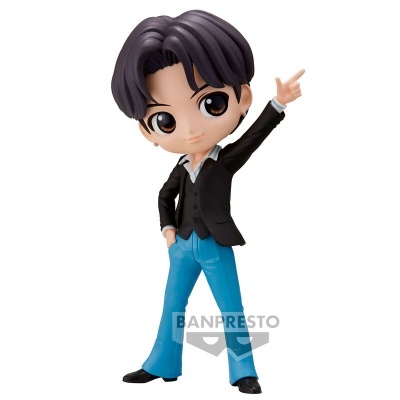 Figura colecionável chibi de personagem masculino com casaco preto e calças azuis