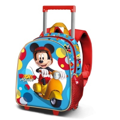 Mochila escolar com carrinho e estampa do Mickey Mouse em scooter