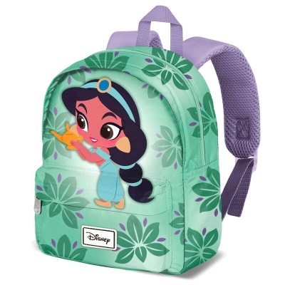 Mochila infantil Disney com imagem da princesa Jasmine e padrão de folhas verdes