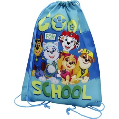 Mochila saco azul claro com personagens de desenho e texto 'GOOD FOR SCHOOL'