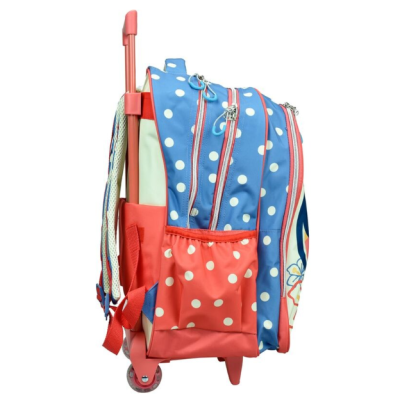 Mala de rodas infantil azul com bolinhas brancas e detalhes em coral