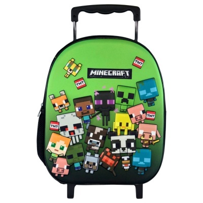 Mala infantil verde com personagens Minecraft pixelizados e texto MINECRAFT