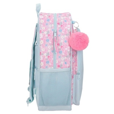 Mochila infantil rosa com flores e pompom