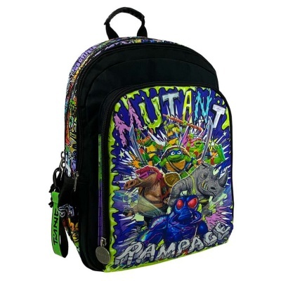 Mochila preta com estampa colorida das Tartarugas Ninja e texto 'TURTLES RAMPAGE'