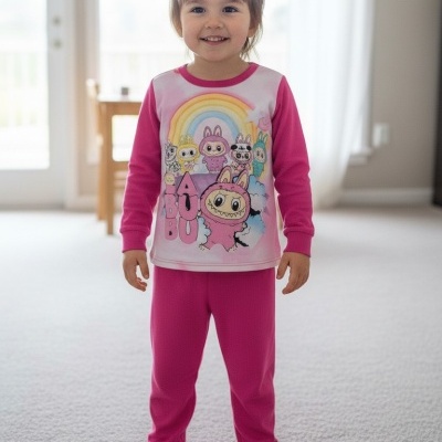 Pijama infantil rosa com estampa de personagens e arco-íris