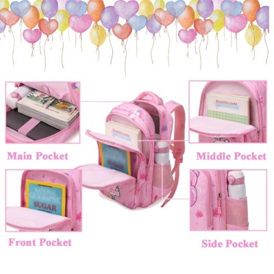 Mochila rosa com vários bolsos e livros organizados, fundo com balões coloridos aquarela