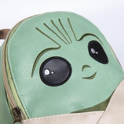 Mochila infantil verde claro com rosto estampado e fecho metal