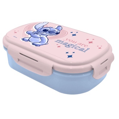 Caixa de plástico para lanche com personagem Stitch e texto