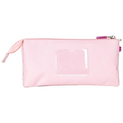 Estojo rosa claro com fecho de correr e espaço transparente frontal