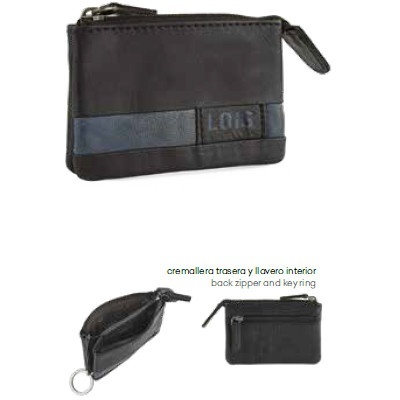 Carteira preta com faixa azul e fecho com zíper e porta-chaves