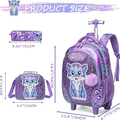 Mochila com carrinhos, estojo e lancheira roxos com estampa de gato azul e corações