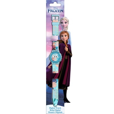 Relógio digital azul claro com personagens Anna e Elsa de Frozen embalado