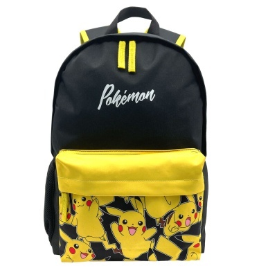 Mochila Pokémon preta e amarela com padrão Pikachu e texto branco