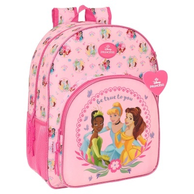Mochila infantil rosa com personagens Disney Princesas e texto motivacional