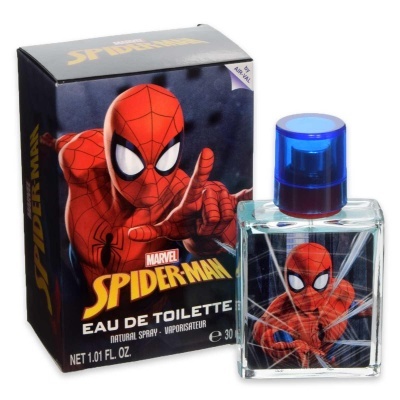 Perfume Eau de Toilette Marvel Spiderman com frasco de vidro e embalagem preta com imagem do Spiderman