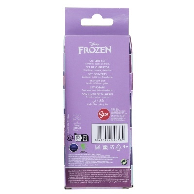 Embalagem de conjunto de talheres Disney Frozen roxa com texto e código de barras