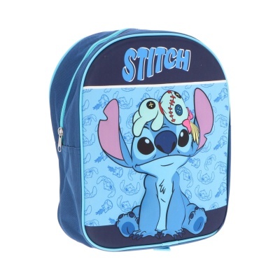 Mochila azul com personagem Stitch e texto STITCH