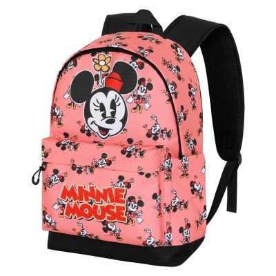 Mochila rosa com estampa da Minnie Mouse e texto MINNIE MOUSE no bolso frontal