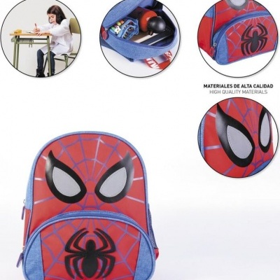 Mochila do Homem-Aranha vermelha e azul com olhos e aranha em destaque.