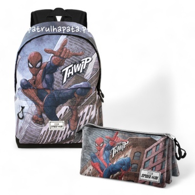 Mochila e estojo Homem-Aranha com estampa azul e vermelha e texto THWIP e SPIDER-MAN