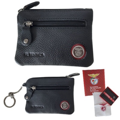 Carteira de pele preta com fecho e logo SL BENFICA