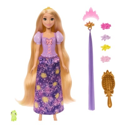 Boneca princesa com vestido roxo e rosa, cabelo loiro longo, acessórios e pequeno lagarto verde.