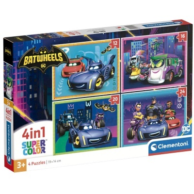 Caixa do puzzle Clementoni 4 em 1 Batwheels com 4 puzzles coloridos para crianças a partir dos 3 anos.