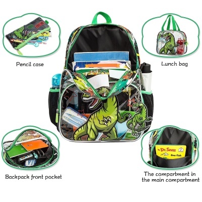 Mochila preta com padrão de dinossauro verde, estojo de lápis, lancheira, compartimento principal e bolso frontal