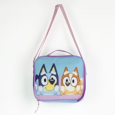 Mala quadrada azul com alça rosa e estampa de cães animados