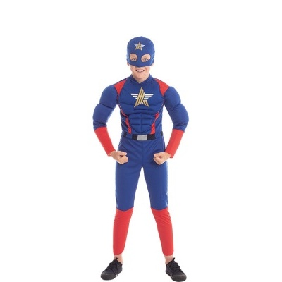 Fato de super-herói azul e vermelho com máscara e almofadas musculares para criança