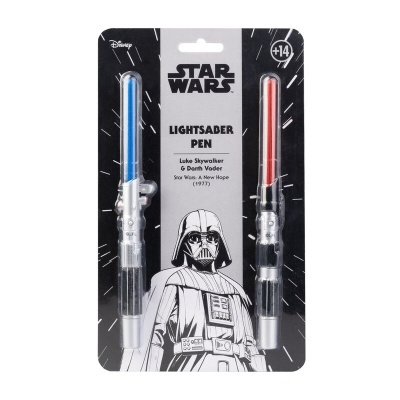 Conjunto de canetas sabre de luz Star Wars azul e vermelha embaladas
