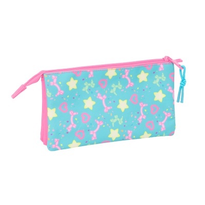 Necessaire azul com estampado colorido e fecho cor-de-rosa
