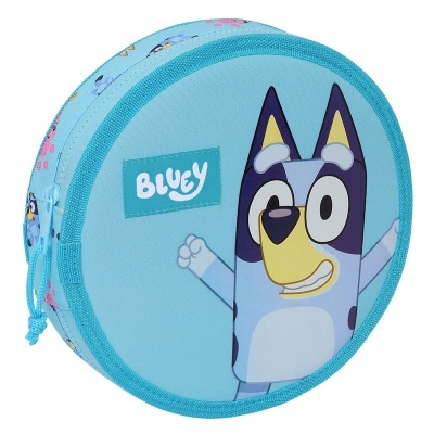 Bolsa redonda azul claro com personagem Bluey e texto Bluey