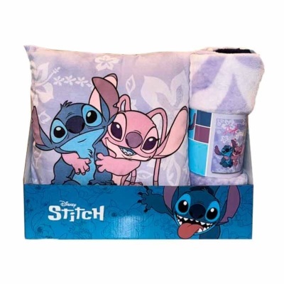 Conjunto Disney Stitch com almofada e manta, personagens coloridos e embalagem azul