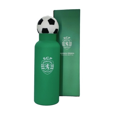 Garrafa térmica verde do Sporting com tampa bola de futebol