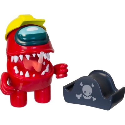 Boneco vermelho com capacete amarelo e base preta com caveira