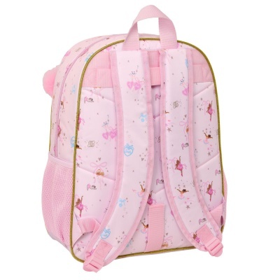 Mochila rosa claro com padrão de bailarinas e corações e alças acolchoadas