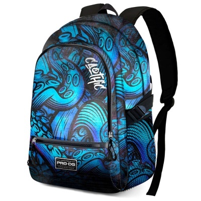 Mochila azul e preta com padrão gráfico abstrato e texto Electric