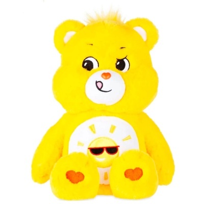 Ursinho de peluche amarelo com sol e corações bordados