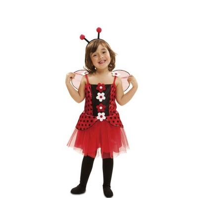 Fato de senhora formiga para criança com vestido vermelho e preto decorado com flores e antenas