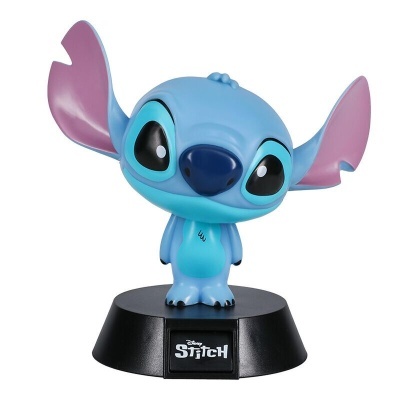 Figura decorativa de Stitch azul com orelhas grandes cor-de-rosa numa base preta