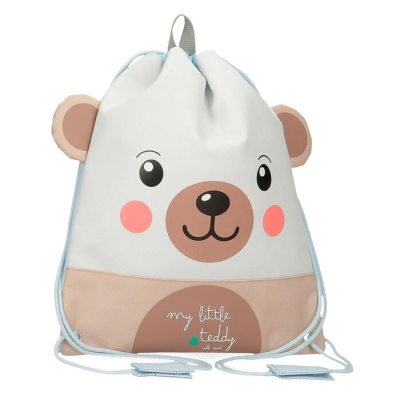 Mochila saco com design de urso branco e bege com texto 'my little teddy'.