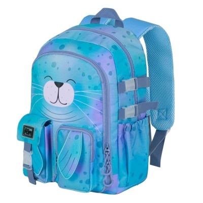 Mochila azul com desenho de foca sorridente e vários bolsos