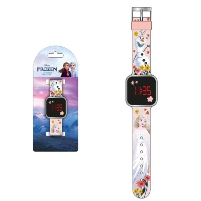 Relógio digital infantil Frozen com personagens Elsa e Olaf em pulseira branca com flores