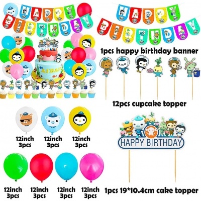 Decoração de festa com faixa Happy Birthday, toppers para cupcakes, balões coloridos e topper para bolo.