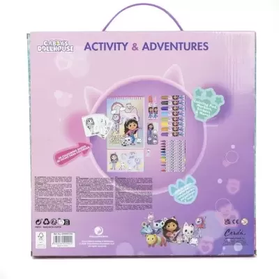 Caixa de actividades Gabby's Dollhouse em fundo lilás com personagens e acessórios para pintar