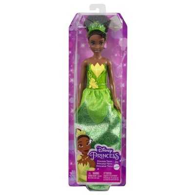 Boneca Disney Princess Tiana com vestido verde em caixa transparente