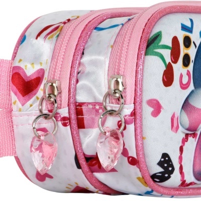 Bolsa pequena com fechos rosa e estampado colorido