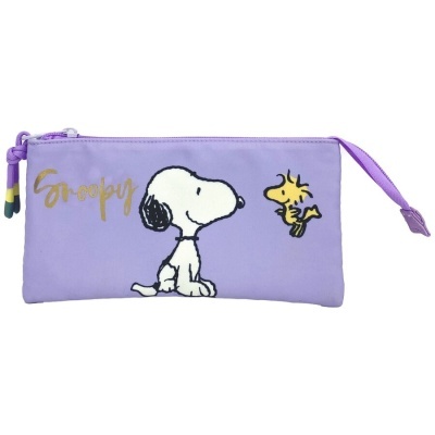 Estojo lilás com desenho bordado do Snoopy e Woodstock e texto Snoopy