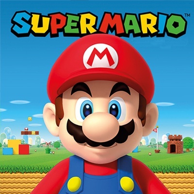 Personagem Super Mario em destaque com cenário de videojogo ao fundo e texto SUPER MARIO colorido